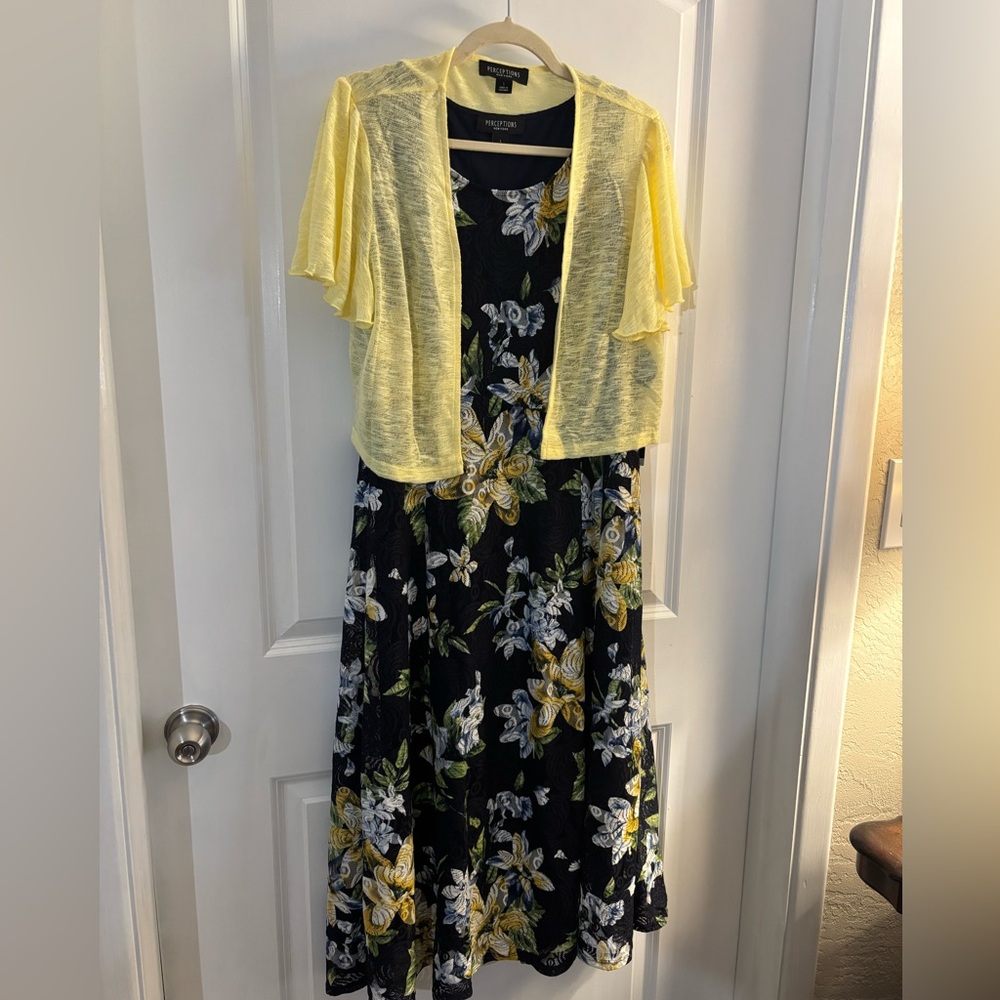Perceptions NY Yellow Shrug with Black Floral Dress set Sz L NWT